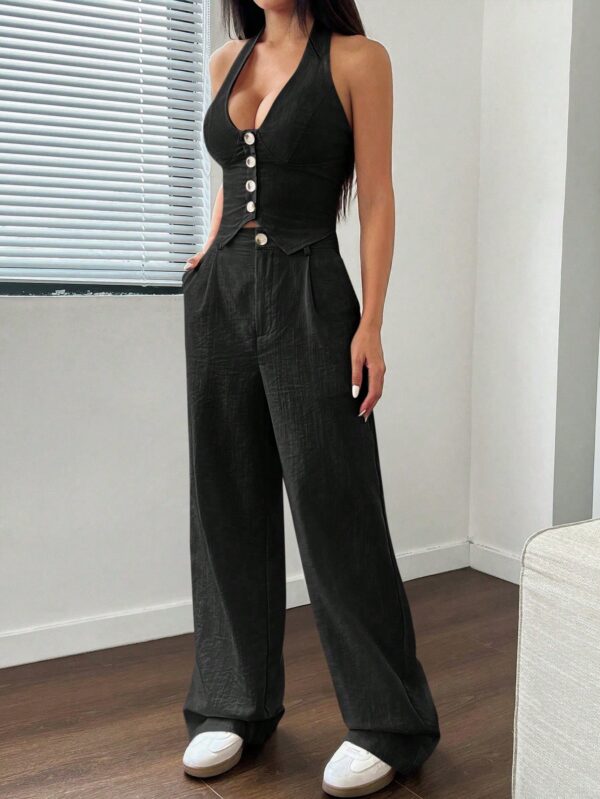 Set de 2 Piezas Boho: Chaleco con Lazo al Cuello y Pantalón Recto - Image 5
