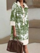 Vestido Camisero Estampado de Manga Larga con Cuello Abotonado