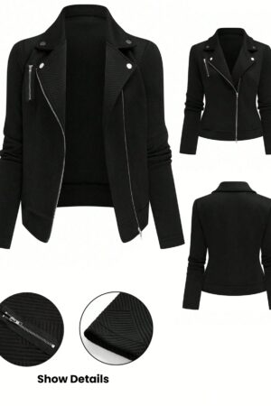 Chaqueta Moto Casual con Cierre y Solapa Texturada
