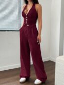 Set de 2 Piezas Boho: Chaleco con Lazo al Cuello y Pantalón Recto