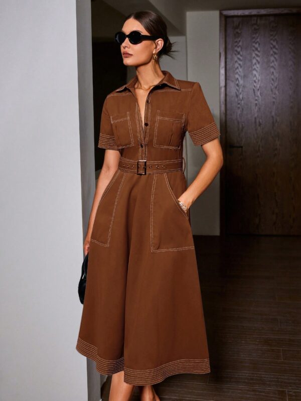 Vestido Camisero Casual Manga Corta con Cuello y Cinturón - Image 7