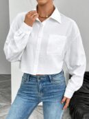Camisa Casual Manga Larga con Bolsillo y Hombros Caídos