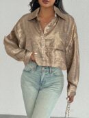Camisa Casual Manga Larga con Bolsillo y Hombros Caídos