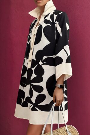 Vestido Camisero Estampado de Manga Larga con Cuello Abotonado