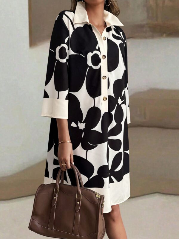 Vestido Camisero Estampado de Manga Larga con Cuello Abotonado - Image 3