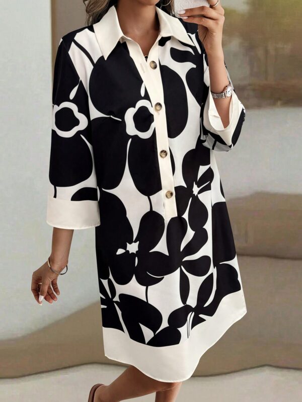 Vestido Camisero Estampado de Manga Larga con Cuello Abotonado - Image 4
