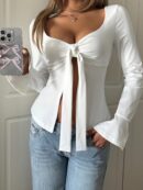 Top Casual de Manga Larga con Cuello de Estrás y Color Sólido