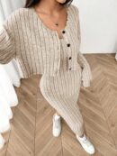 Conjunto Otoñal de Chaqueta y Vestido Midi Ajustado de Punto