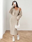 Conjunto Otoñal de Chaqueta y Vestido Midi Ajustado de Punto