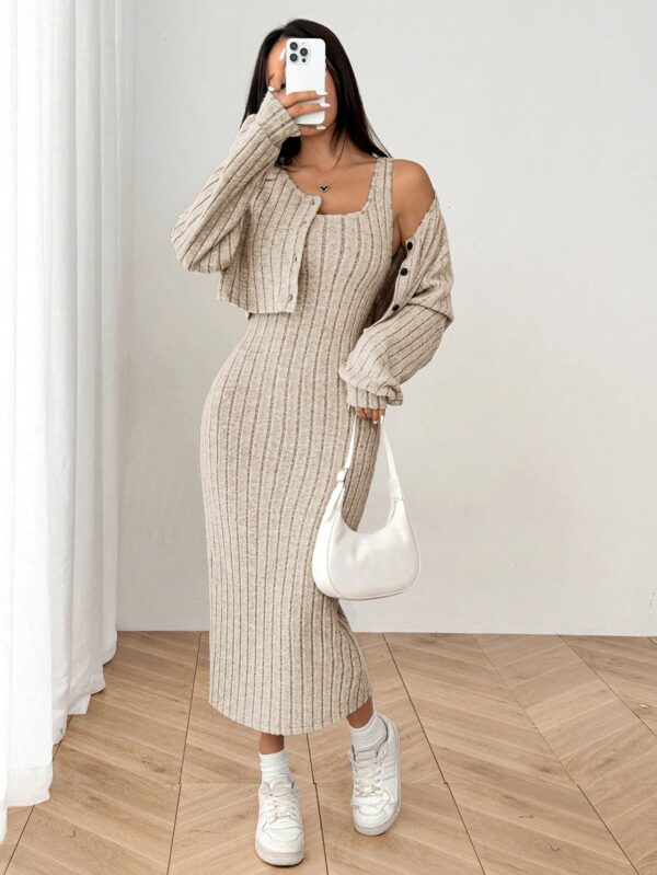 Conjunto Otoñal de Chaqueta y Vestido Midi Ajustado de Punto - Image 22