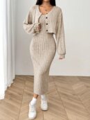 Conjunto Otoñal de Chaqueta y Vestido Midi Ajustado de Punto