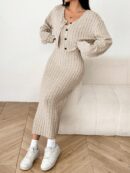 Conjunto Otoñal de Chaqueta y Vestido Midi Ajustado de Punto