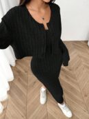 Conjunto Otoñal de Chaqueta y Vestido Midi Ajustado de Punto
