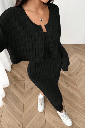 Conjunto Otoñal de Chaqueta y Vestido Midi Ajustado de Punto