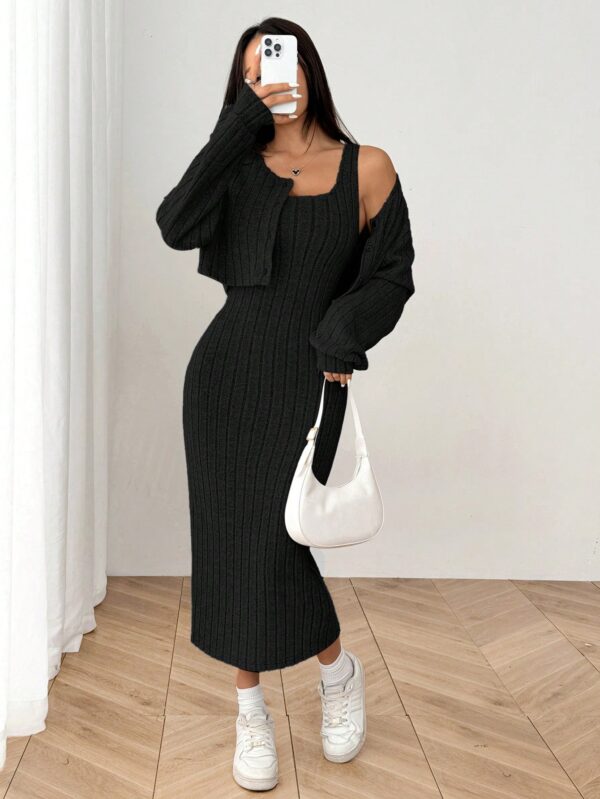 Conjunto Otoñal de Chaqueta y Vestido Midi Ajustado de Punto - Image 4