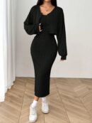 Conjunto Otoñal de Chaqueta y Vestido Midi Ajustado de Punto