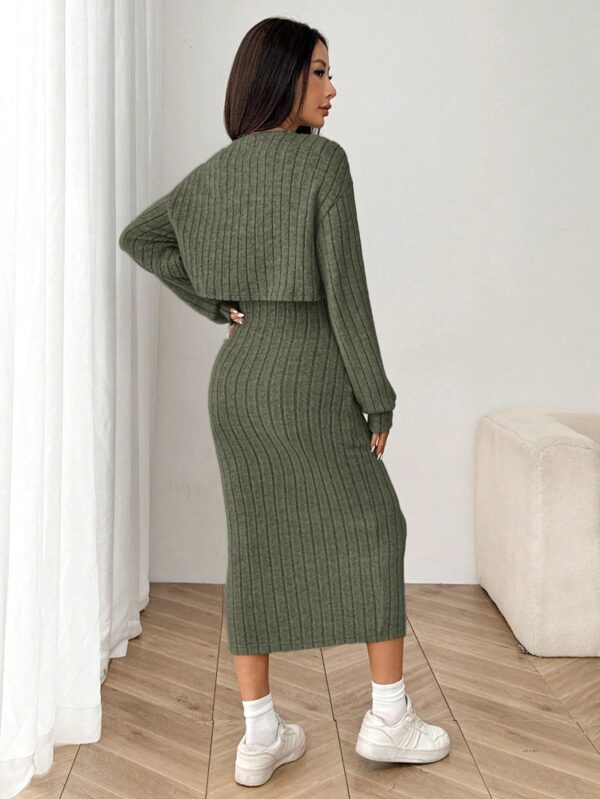 Conjunto Otoñal de Chaqueta y Vestido Midi Ajustado de Punto - Image 8