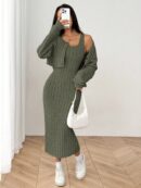 Conjunto Otoñal de Chaqueta y Vestido Midi Ajustado de Punto