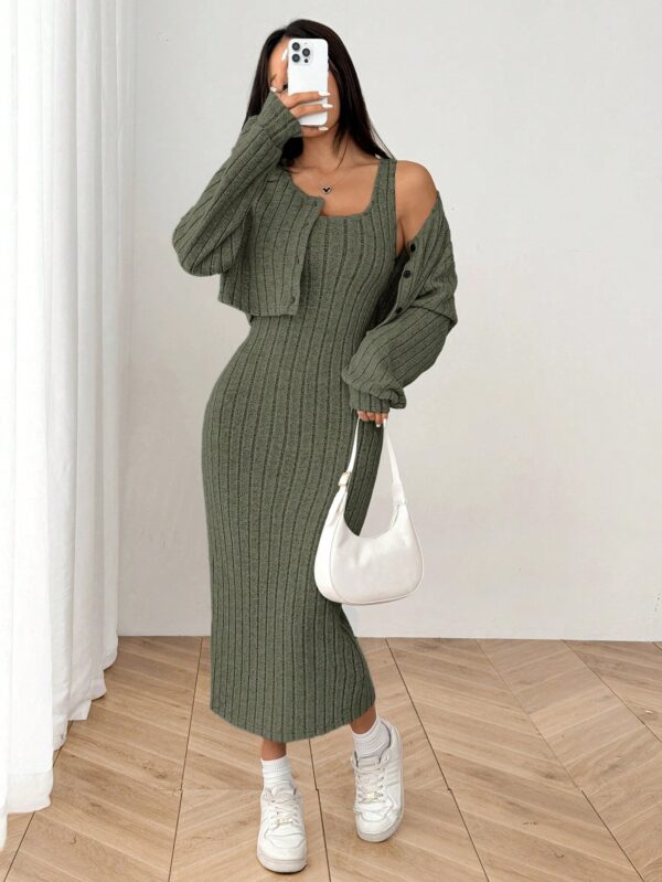 Conjunto Otoñal de Chaqueta y Vestido Midi Ajustado de Punto - Image 10