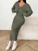 Conjunto Otoñal de Chaqueta y Vestido Midi Ajustado de Punto