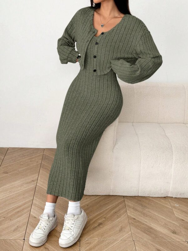 Conjunto Otoñal de Chaqueta y Vestido Midi Ajustado de Punto - Image 11