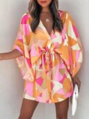 Vestido Boho con Escote en V, Mangas Murciélago y Cinturón