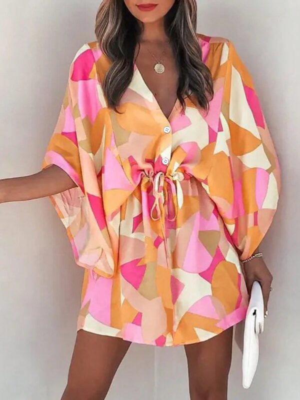 Vestido Boho con Escote en V, Mangas Murciélago y Cinturón - Image 9