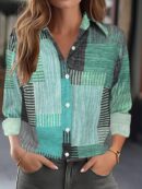 Camisa Retro Casual Manga Larga con Detalles de Botones y Estampado