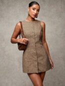Vestido Corto Casual de Lana a Cuadros con Botones Frontales