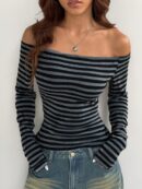 Remera a Rayas Gris y Negro, Hombros Descubiertos, Manga Larga