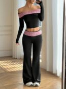 Set de Top Corto y Pantalones Acampanados con Hombros Descubiertos