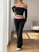 Set de Top Corto y Pantalones Acampanados con Hombros Descubiertos