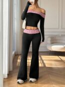 Set de Top Corto y Pantalones Acampanados con Hombros Descubiertos