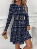 Vestido Corto a Cuadros con Manga Larga y Cuello Redondo