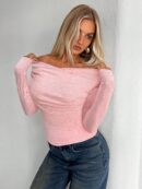 Remera Ajustada Plisada de Manga Larga en Color Sólido