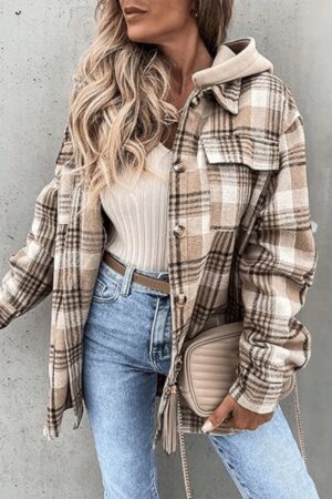 Camisa Chaqueta Liviana a Cuadros con Capucha para Primavera y Otoño