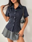 Camisa Rayada de Mujer con Botones y Manga Corta, Ajuste Slim