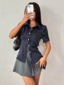 Camisa Rayada de Mujer con Botones y Manga Corta, Ajuste Slim