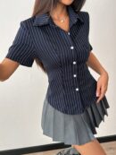 Camisa Rayada de Mujer con Botones y Manga Corta, Ajuste Slim