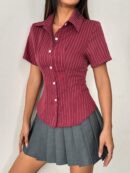 Camisa Rayada de Mujer con Botones y Manga Corta, Ajuste Slim