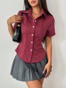 Camisa Rayada de Mujer con Botones y Manga Corta, Ajuste Slim