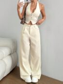 Set de 2 Piezas: Top Halter con Lazada y Pantalón Recto Casual