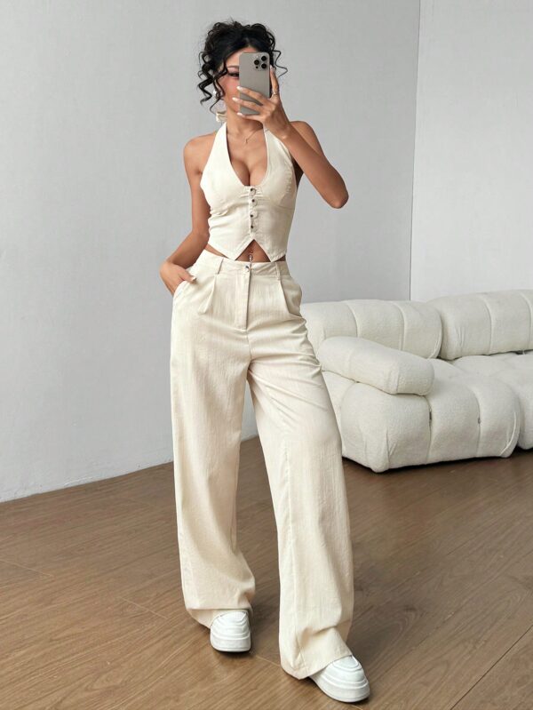 Set de 2 Piezas: Top Halter con Lazada y Pantalón Recto Casual - Image 9