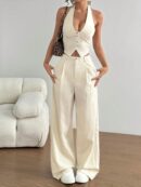 Set de 2 Piezas: Top Halter con Lazada y Pantalón Recto Casual