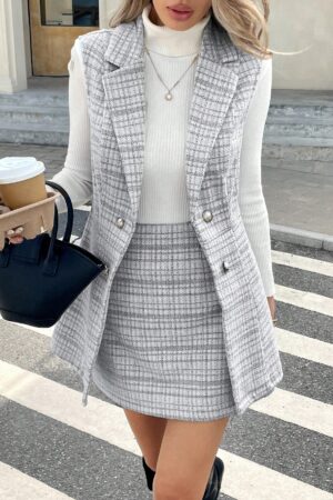 Conjunto Elegante de Chaleco y Falda Tweed a Cuadros
