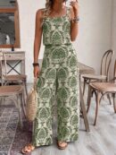 Conjunto Vacacional Boho para Mujer: Top Camisola Crop + Pantalones Largos Estampados