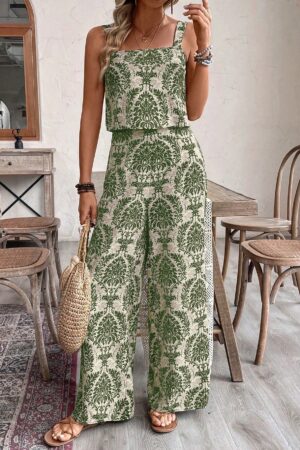 Conjunto Vacacional Boho para Mujer: Top Camisola Crop + Pantalones Largos Estampados