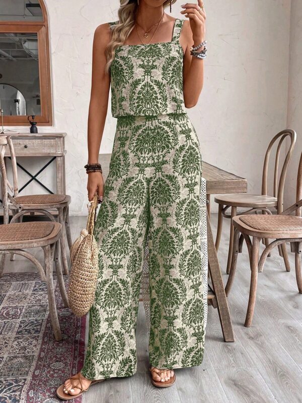 Conjunto Vacacional Boho para Mujer: Top Camisola Crop + Pantalones Largos Estampados