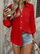 Camisa Casual Manga Larga con Botones Frontales y Bolsillo