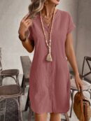 Vestido Mini Casual de Manga Corta con Botones Frontales